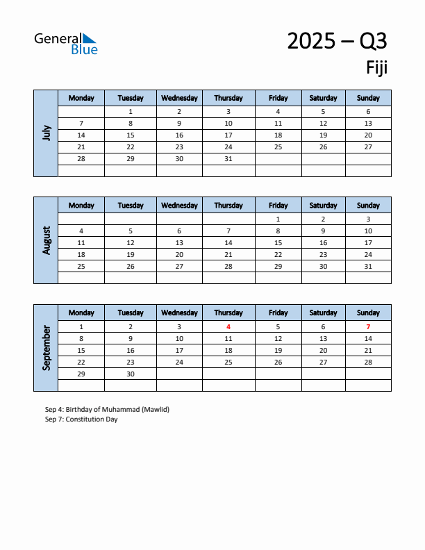 Free Q3 2025 Calendar for Fiji - Monday Start