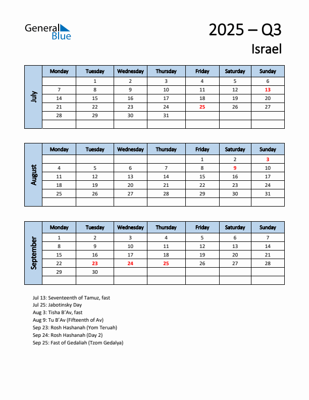Free Q3 2025 Calendar for Israel - Monday Start