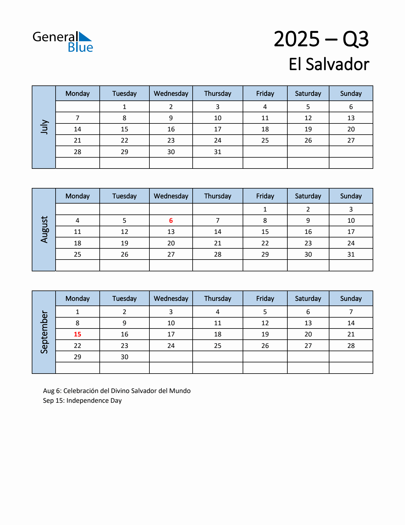 Free Q3 2025 Calendar for El Salvador - Monday Start