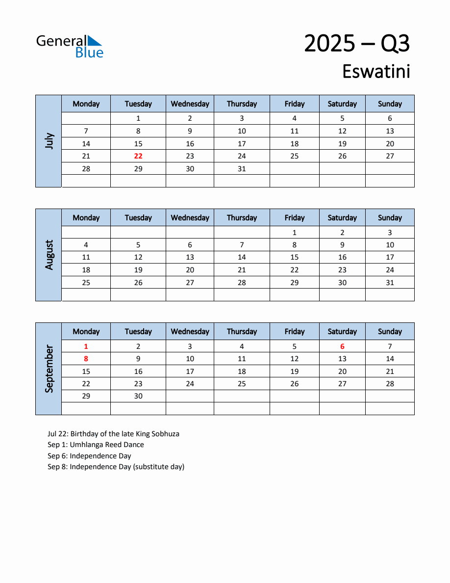 Free Q3 2025 Calendar for Eswatini - Monday Start