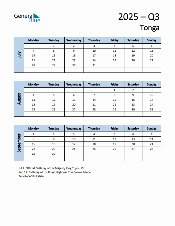 Free Q3 2025 Calendar for Tonga - Monday Start