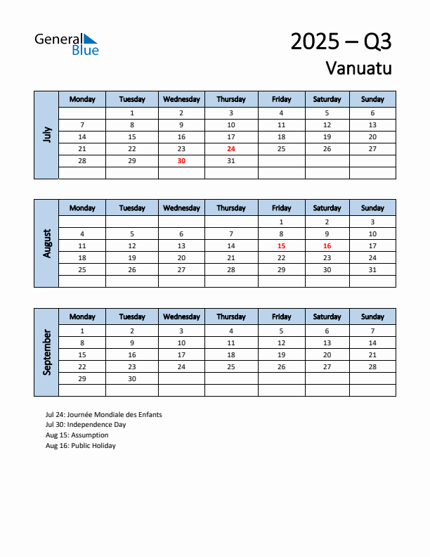 Free Q3 2025 Calendar for Vanuatu - Monday Start