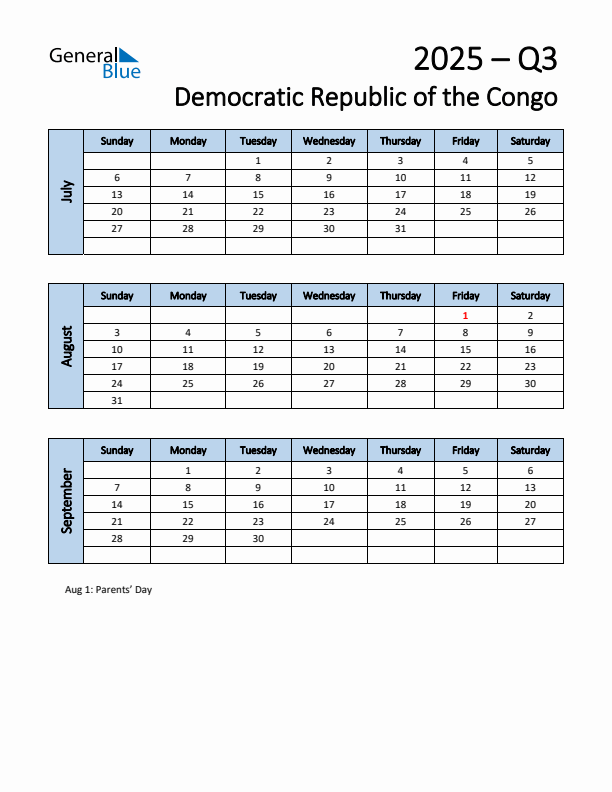 Free Q3 2025 Calendar for Democratic Republic of the Congo - Sunday Start