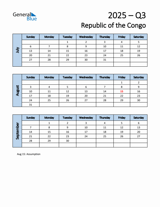 Free Q3 2025 Calendar for Republic of the Congo - Sunday Start