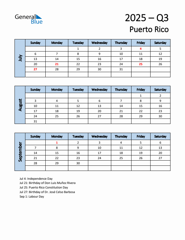 Free Q3 2025 Calendar for Puerto Rico - Sunday Start