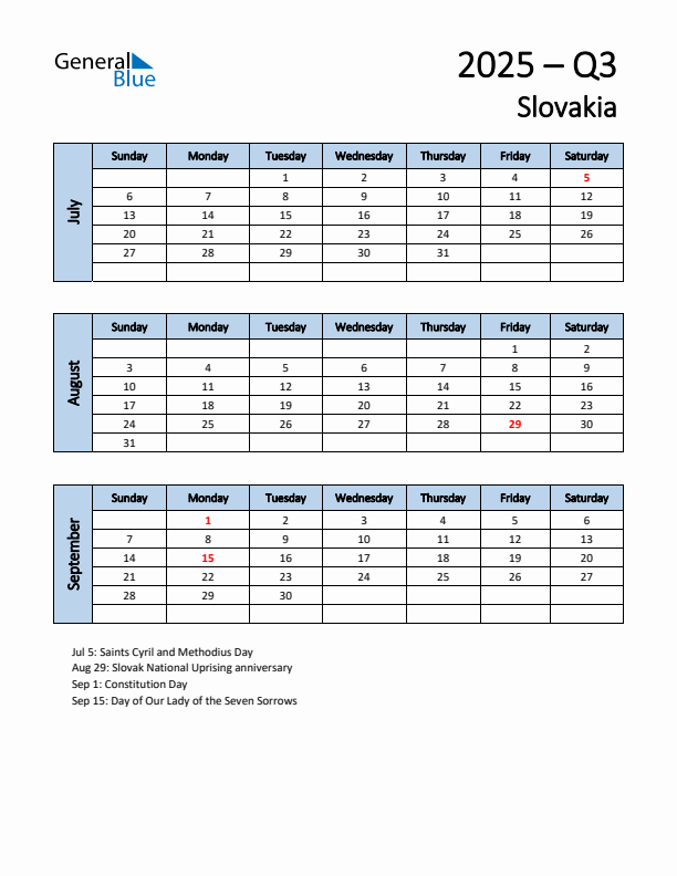 Free Q3 2025 Calendar for Slovakia - Sunday Start