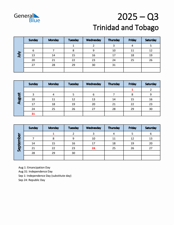 Free Q3 2025 Calendar for Trinidad and Tobago - Sunday Start