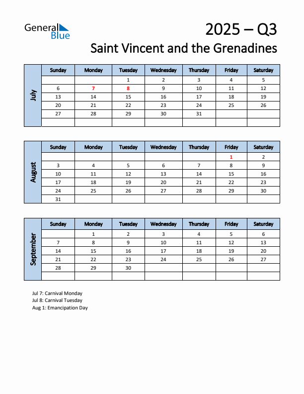 Free Q3 2025 Calendar for Saint Vincent and the Grenadines - Sunday Start