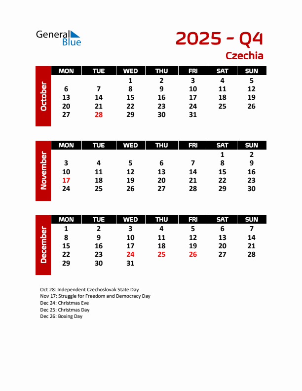 Q4 2025 Calendar with Holidays in Czechia