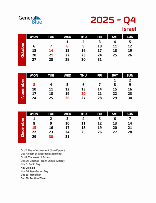 Q4 2025 Calendar with Holidays in Israel