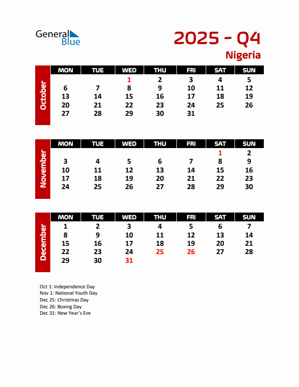 Q4 2025 Calendar with Holidays in Nigeria