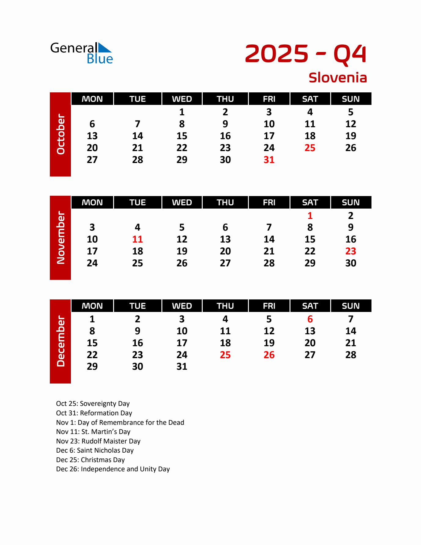 Q4 2025 Calendar with Holidays in Slovenia
