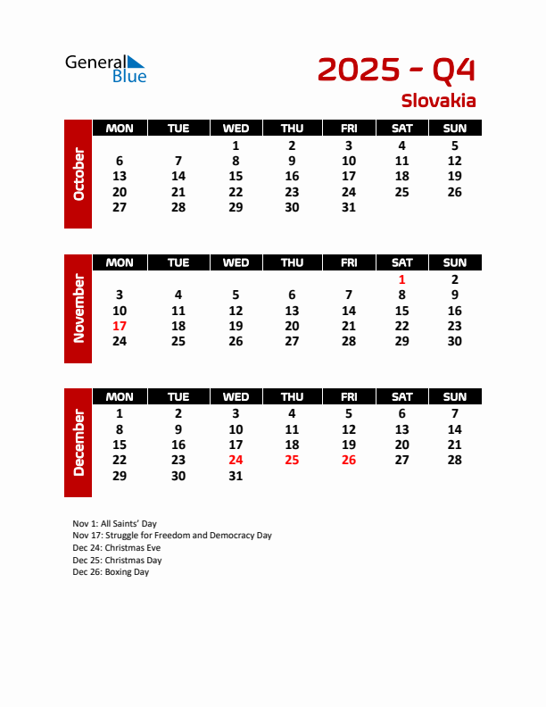 Q4 2025 Calendar with Holidays in Slovakia