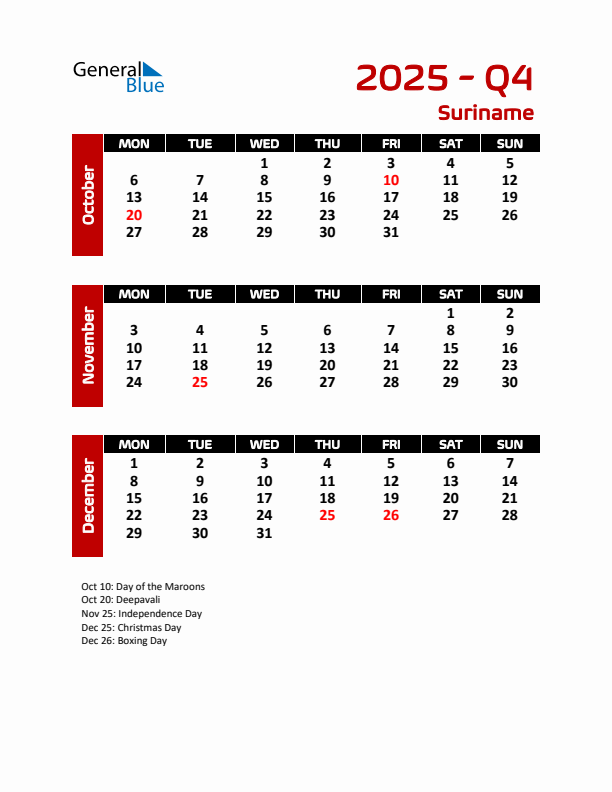 Q4 2025 Calendar with Holidays in Suriname