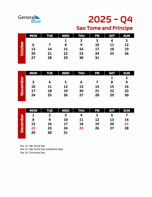 Q4 2025 Calendar with Holidays in Sao Tome and Principe