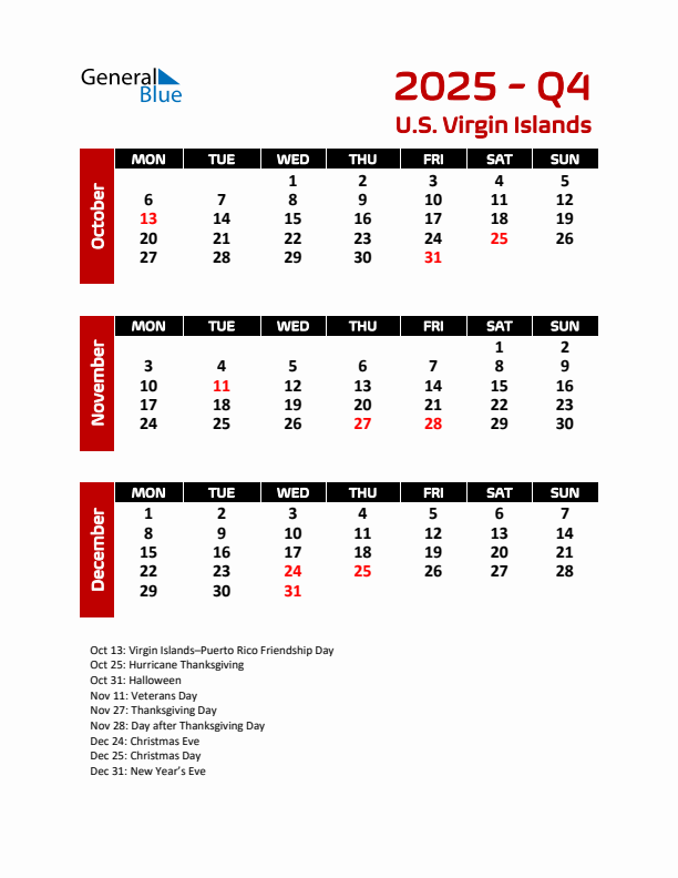 Q4 2025 Calendar with Holidays in U.S. Virgin Islands