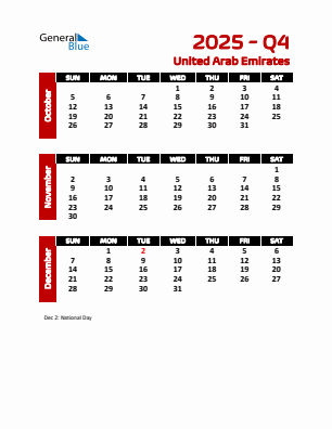 United Arab Emirates Quarter 4 2025 calendar template