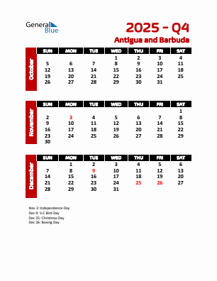 Antigua and Barbuda Quarter 4  2025 calendar template