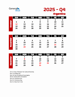 Argentina Quarter 4  2025 calendar template