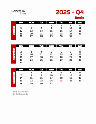 Benin Quarter 4  2025 calendar template