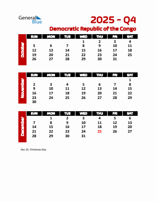 Democratic Republic of the Congo Quarter 4  2025 calendar template