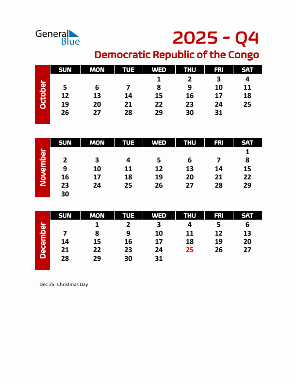 Q4 2025 Calendar with Holidays in Democratic Republic of the Congo