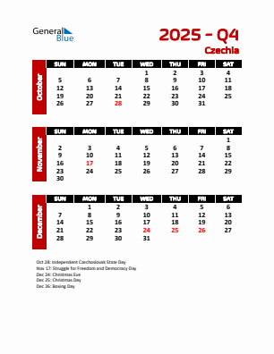 Czechia Quarter 4  2025 calendar template