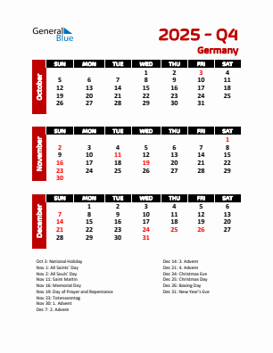 Germany Quarter 4  2025 calendar template