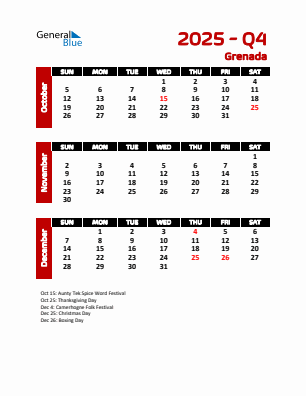 Grenada Quarter 4 2025 calendar template