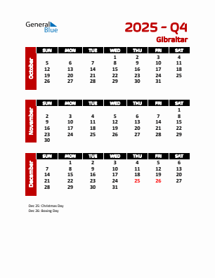 Gibraltar Quarter 4 2025 calendar template