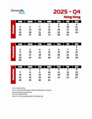 Hong Kong Quarter 4  2025 calendar template