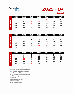 Israel Quarter 4  2025 calendar template