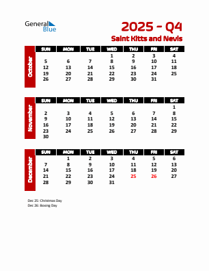 Saint Kitts and Nevis Quarter 4  2025 calendar template