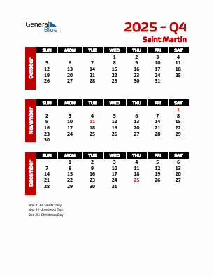Saint Martin Quarter 4  2025 calendar template