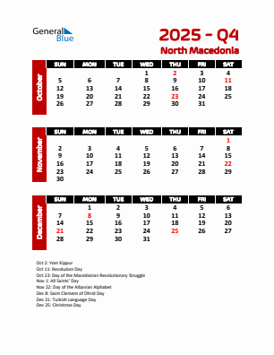 North Macedonia Quarter 4  2025 calendar template