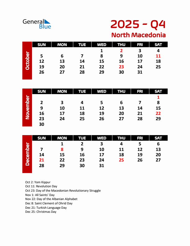 Q4 2025 Calendar with Holidays in North Macedonia