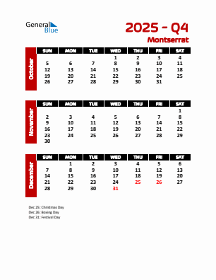 Montserrat Quarter 4  2025 calendar template