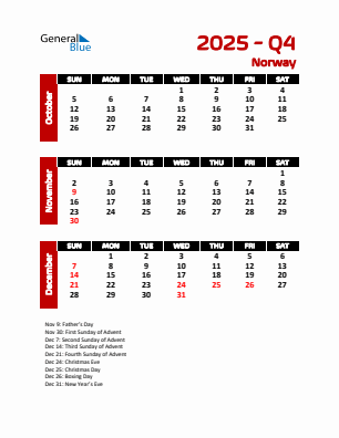 Norway Quarter 4 2025 calendar template
