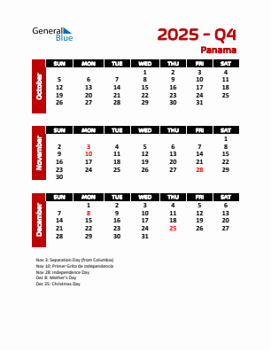 Panama Quarter 4 2025 calendar template