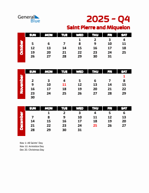 Saint Pierre and Miquelon Quarter 4  2025 calendar template