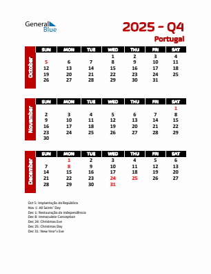 Portugal Quarter 4  2025 calendar template