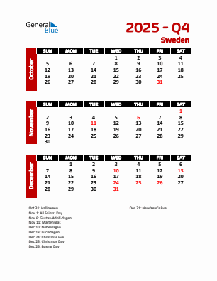 Sweden Quarter 4 2025 calendar template