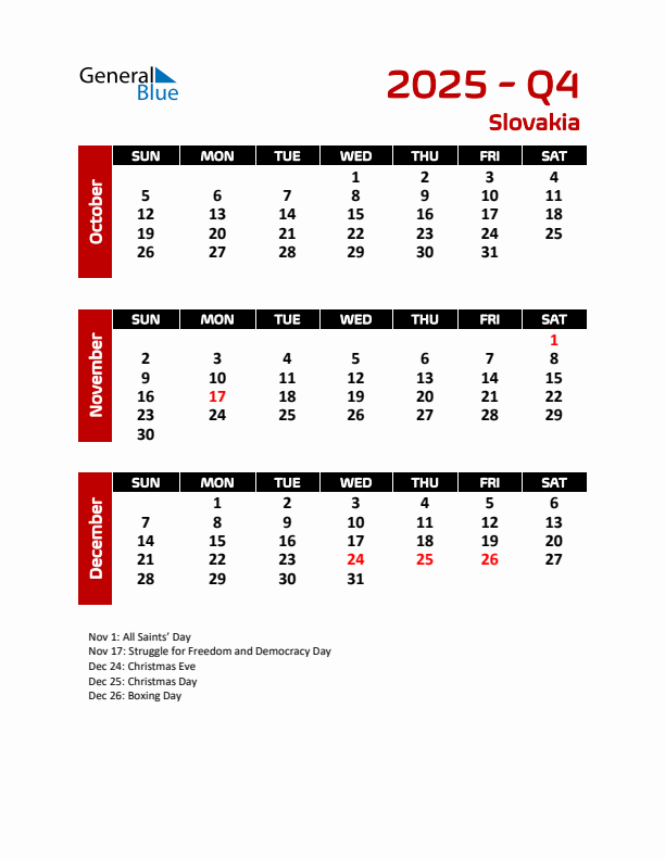 Q4 2025 Calendar with Holidays in Slovakia