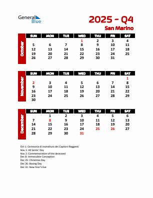 San Marino Quarter 4 2025 calendar template
