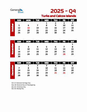 Turks and Caicos Islands Quarter 4  2025 calendar template