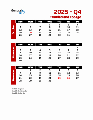 Trinidad and Tobago Quarter 4  2025 calendar template