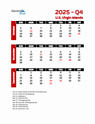 U.S. Virgin Islands Quarter 4  2025 calendar template