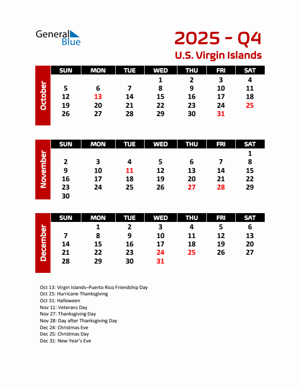 Q4 2025 Calendar with Holidays in U.S. Virgin Islands
