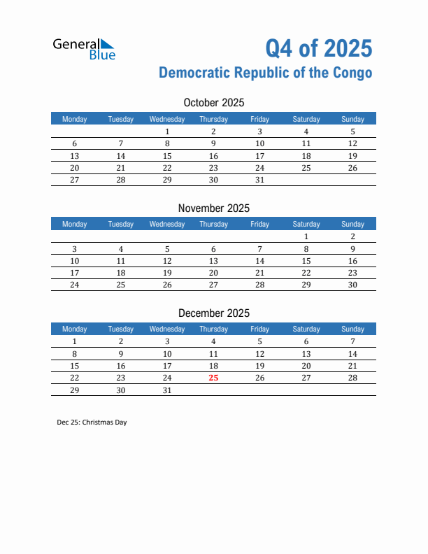 Democratic Republic of the Congo Q4 2025 Quarterly Calendar with Monday Start