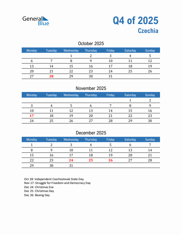 Czechia Q4 2025 Quarterly Calendar with Monday Start